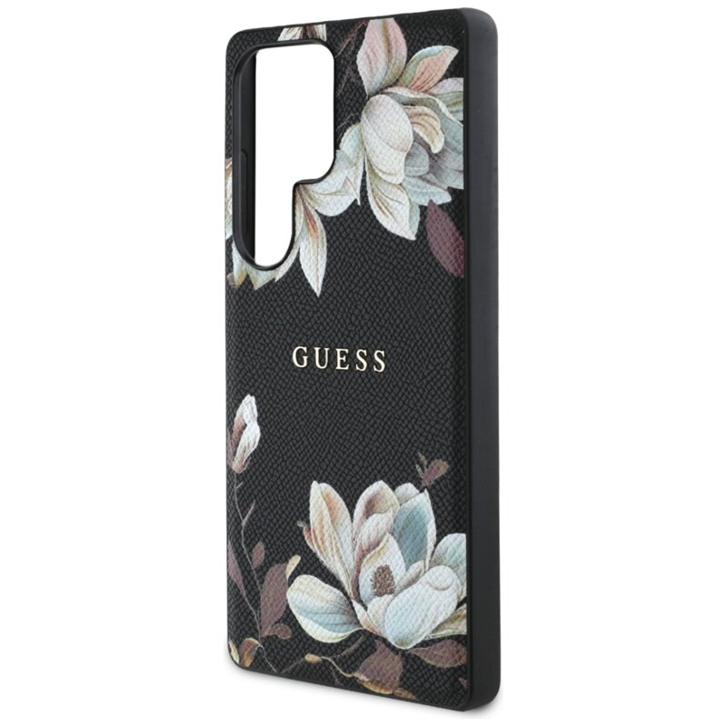 Husa Samsung Galaxy S25 Ultra Guess Grained Flowers MagSafe, negru, GUHMS25LPGNMPLMK