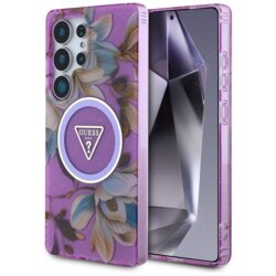 Husa Samsung Galaxy S25 Ultra originala Guess IML Metal Glitter Flowers Triangle MagSafe, mov, GUHMS25LHFLPEDU