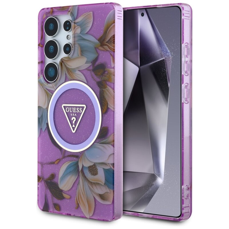 Husa Samsung Galaxy S25 Ultra originala Guess IML Metal Glitter Flowers Triangle MagSafe, mov, GUHMS25LHFLPEDU