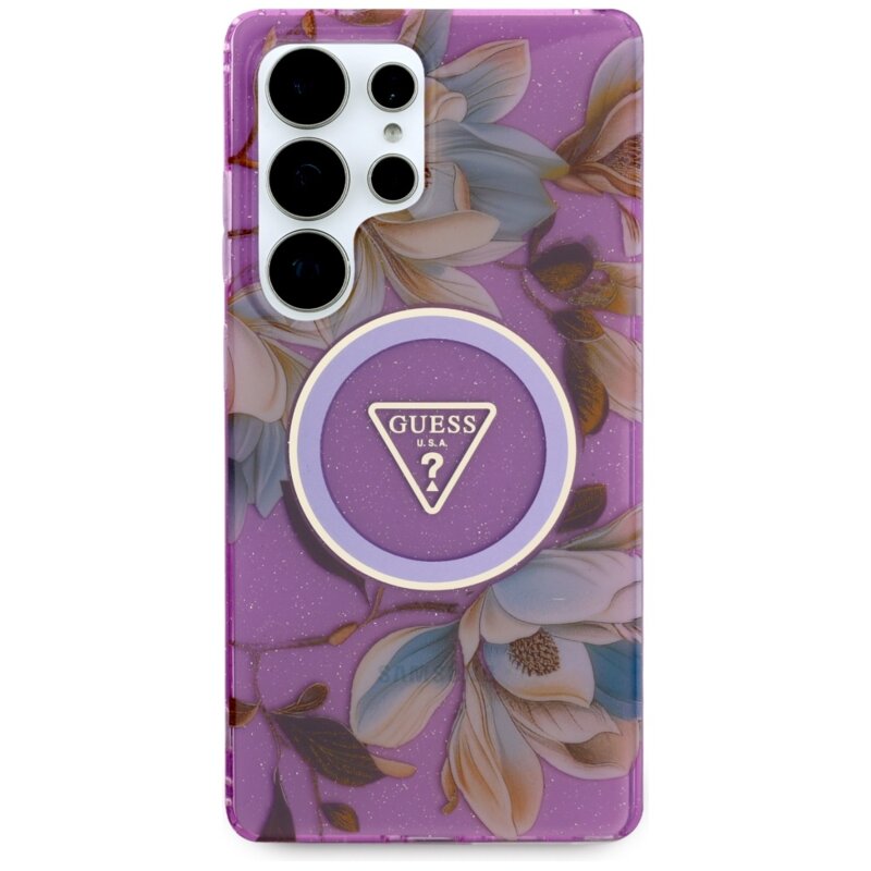 Husa Samsung Galaxy S25 Ultra originala Guess IML Metal Glitter Flowers Triangle MagSafe, mov, GUHMS25LHFLPEDU