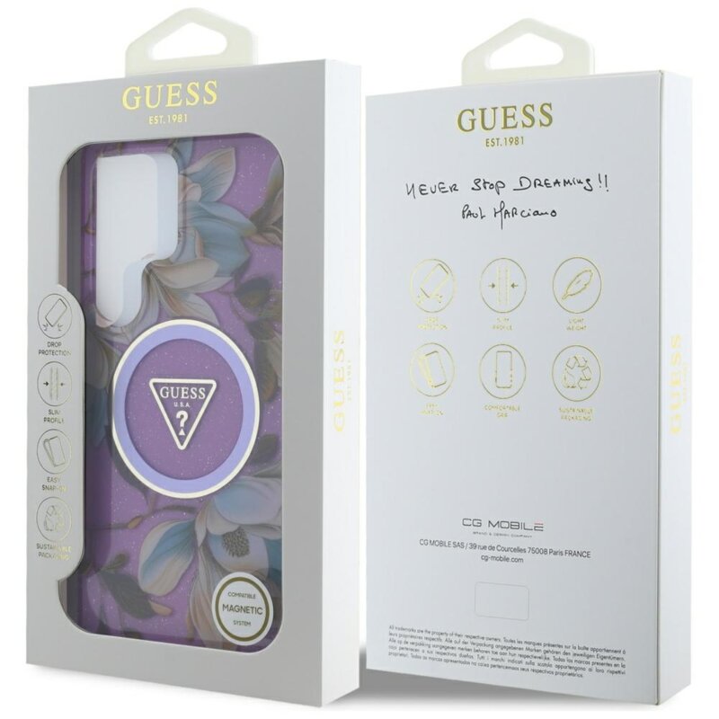 Husa Samsung Galaxy S25 Ultra originala Guess IML Metal Glitter Flowers Triangle MagSafe, mov, GUHMS25LHFLPEDU