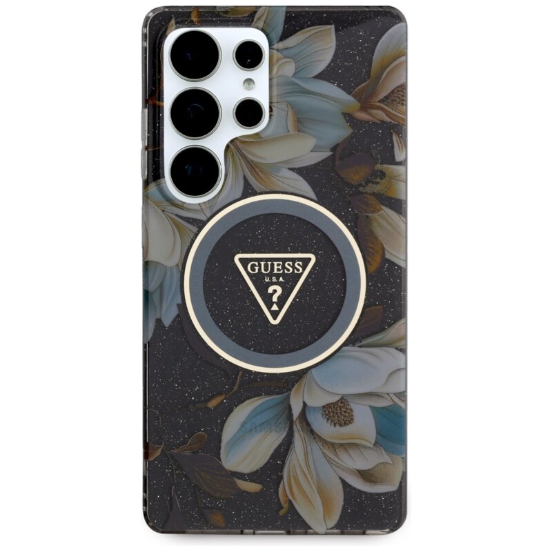 Husa Samsung Galaxy S25 Ultra originala Guess IML Metal Glitter Flowers Triangle MagSafe, negru, GUHMS25LHFLPEDK