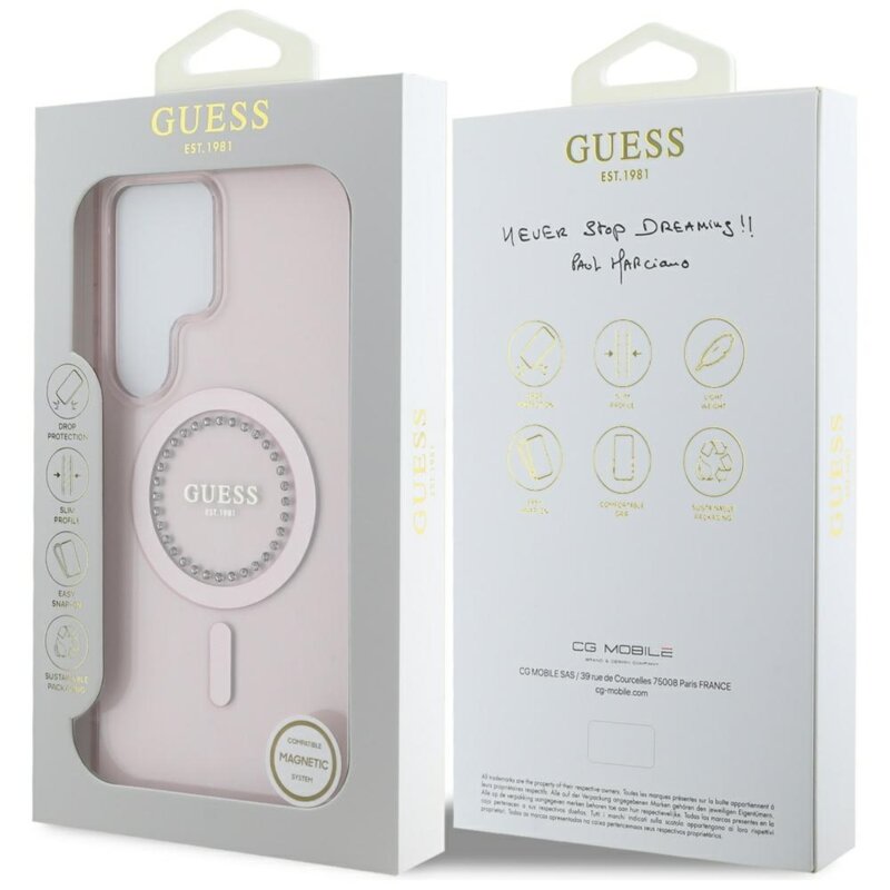 Husa Samsung Galaxy S25 Ultra originala Guess IML Rhinestones MagSafe, roz, GUHMS25LPFTDTEP