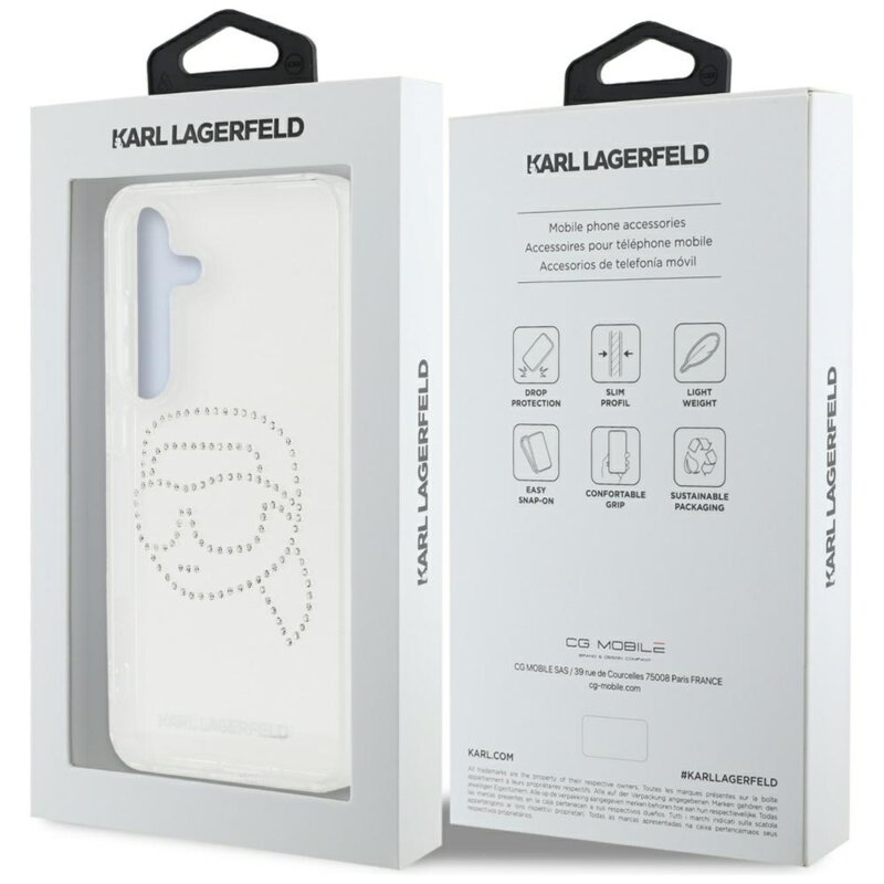 Husa Samsung Galaxy S25 Karl Lagerfeld IML Rhinestones, Karl Head, transparenta, KLHCS25SHKHDCELT