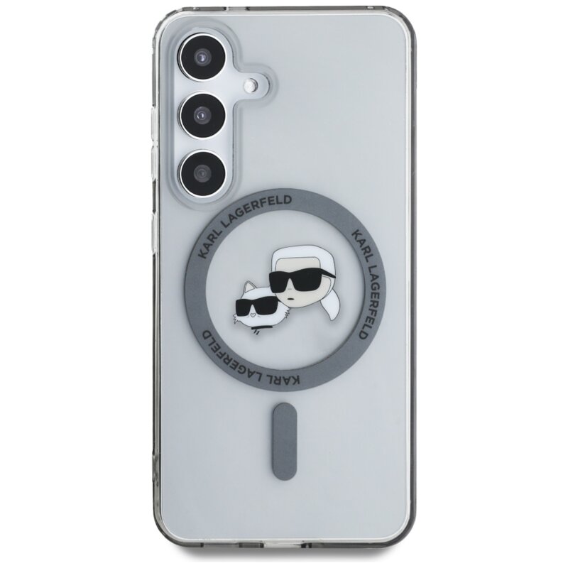 Husa Samsung Galaxy S25 Karl Lagerfeld IML MagSafe, Metal Karl&Choupette Heads, KLHMS25SHLSKCK