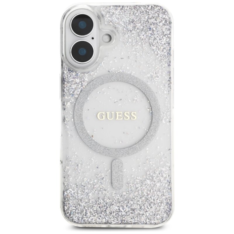 Husa originala Guess iPhone 16 Hardcase Resin Gradient Glitter MagSafe, argintiu, GUHMP16SRGRGES