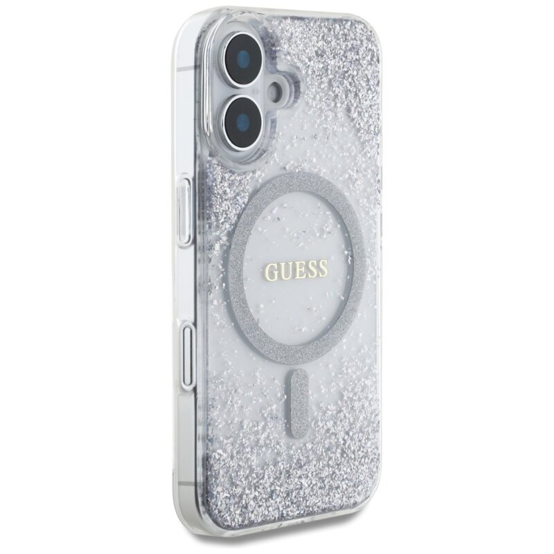Husa originala Guess iPhone 16 Hardcase Resin Gradient Glitter MagSafe, argintiu, GUHMP16SRGRGES