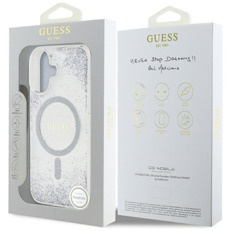 Husa originala Guess iPhone 16 Hardcase Resin Gradient Glitter MagSafe, argintiu, GUHMP16SRGRGES