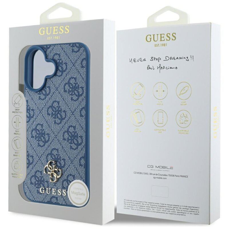 Husa iPhone 16 Guess 4G Small and Classic Logo MagSafe, albastru, GUHMP16SP4SM4MB