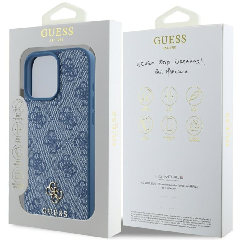 Husa iPhone 16 Pro Guess 4G Small and Classic Logo MagSafe, albastru, GUHMP16LP4SM4MB