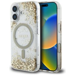 Husa originala Guess iPhone 16 Hardcase Resin Bottom Glitter MagSafe, auriu, GUHMP16SRGRGED
