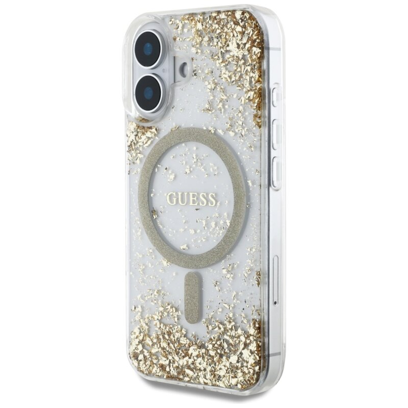 Husa originala Guess iPhone 16 Hardcase Resin Bottom Glitter MagSafe, auriu, GUHMP16SRGRGED