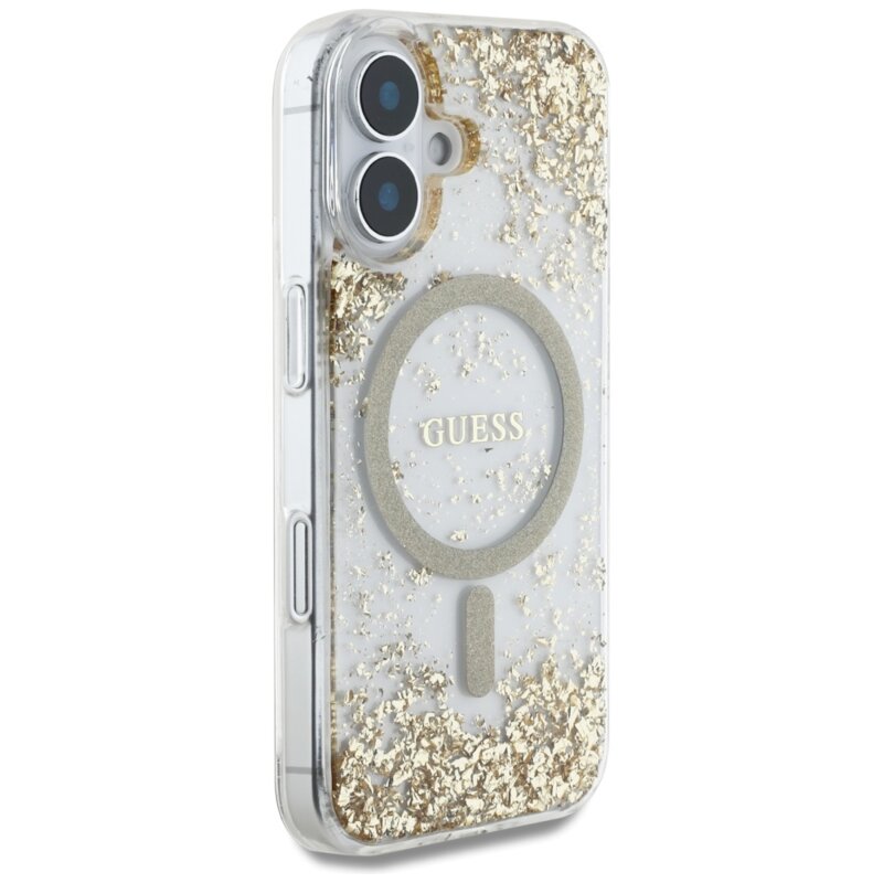 Husa originala Guess iPhone 16 Resin Bottom Glitter MagSafe, auriu, GUHMP16SRGRGED