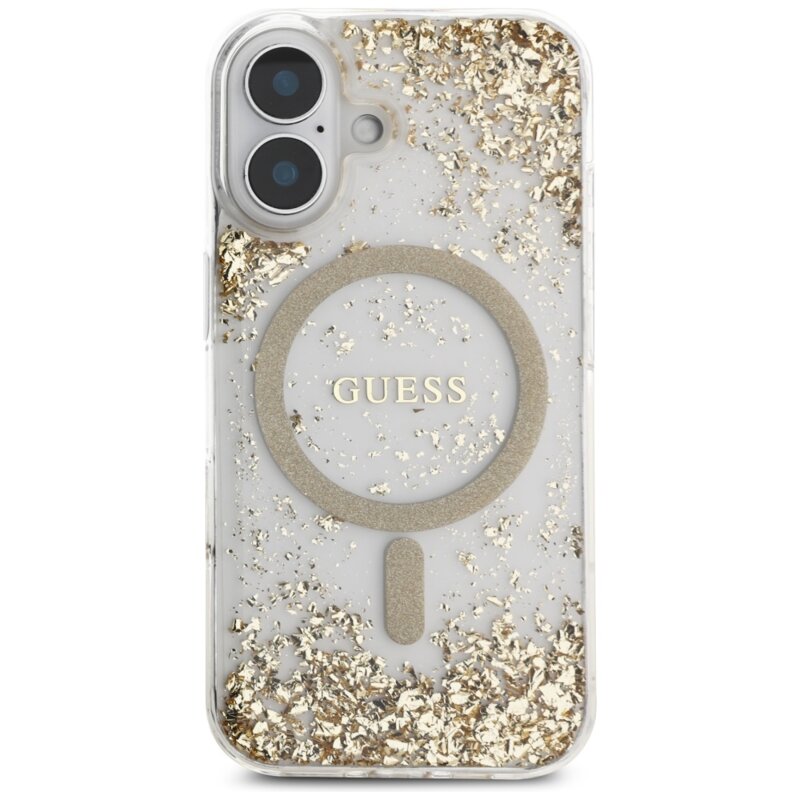 Husa originala Guess iPhone 16 Resin Bottom Glitter MagSafe, auriu, GUHMP16SRGRGED