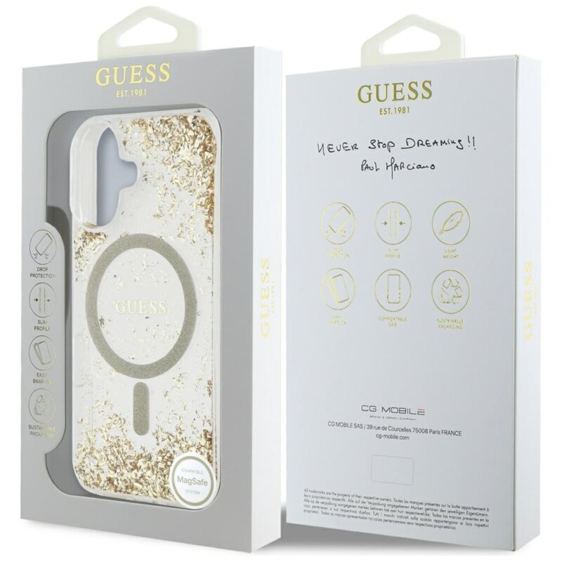 Husa originala Guess iPhone 16 Resin Bottom Glitter MagSafe, auriu, GUHMP16SRGRGED