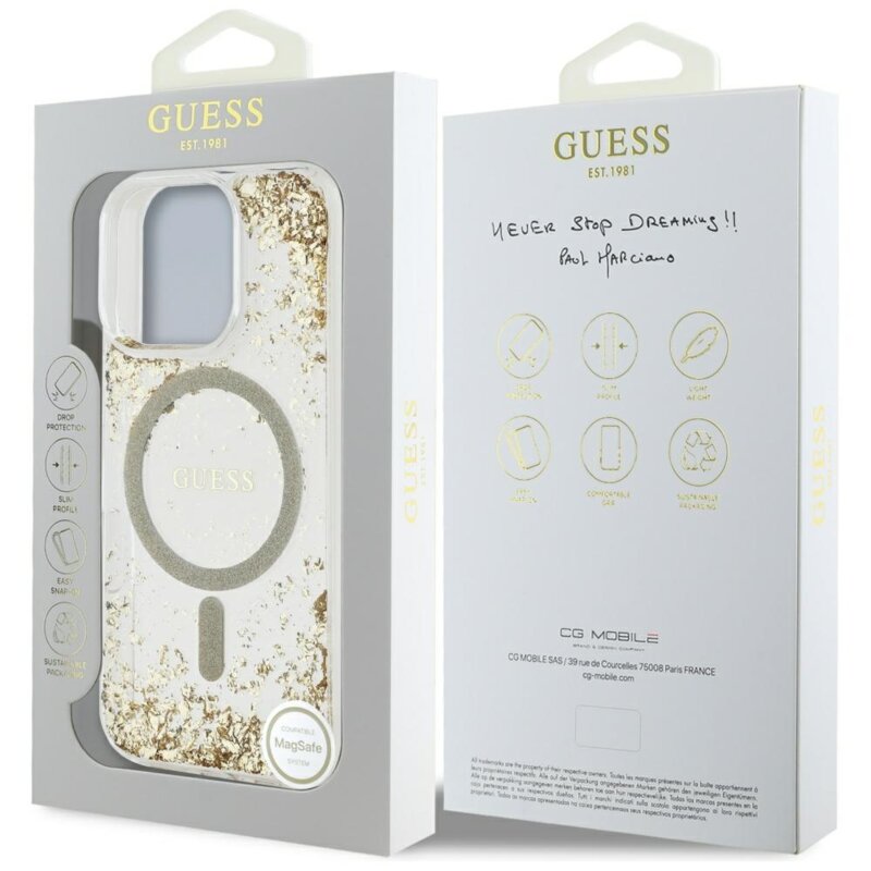 Husa originala Guess iPhone 16 Pro Max Resin Bottom Glitter MagSafe, auriu, GUHMP16XRGRGED