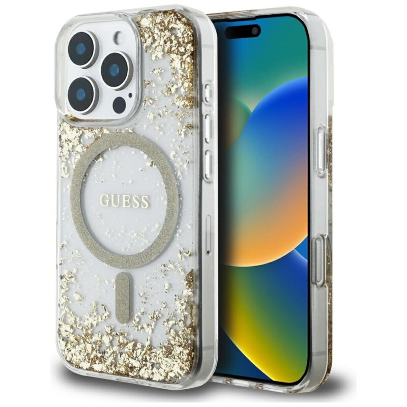 Husa originala Guess iPhone 16 Pro Hardcase Resin Bottom Glitter MagSafe, auriu, GUHMP16LRGRGED