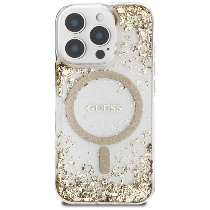 Husa originala Guess iPhone 16 Pro Resin Bottom Glitter MagSafe, auriu, GUHMP16LRGRGED