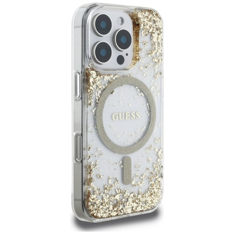 Husa originala Guess iPhone 16 Pro Resin Bottom Glitter MagSafe, auriu, GUHMP16LRGRGED