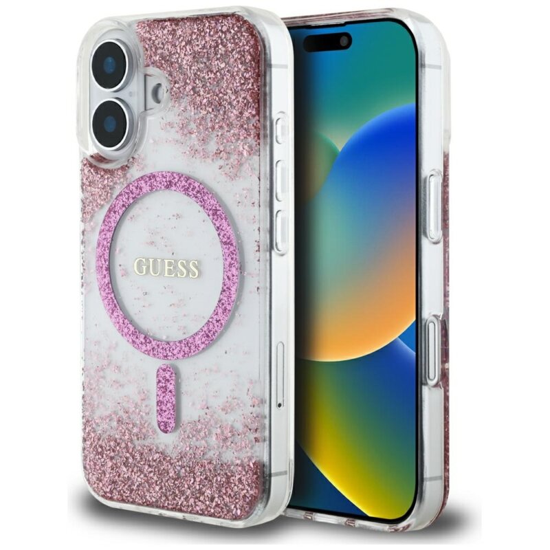 Husa originala Guess iPhone 16 Hardcase Resin Bottom Glitter MagSafe, roz, GUHMP16SRGRGEP