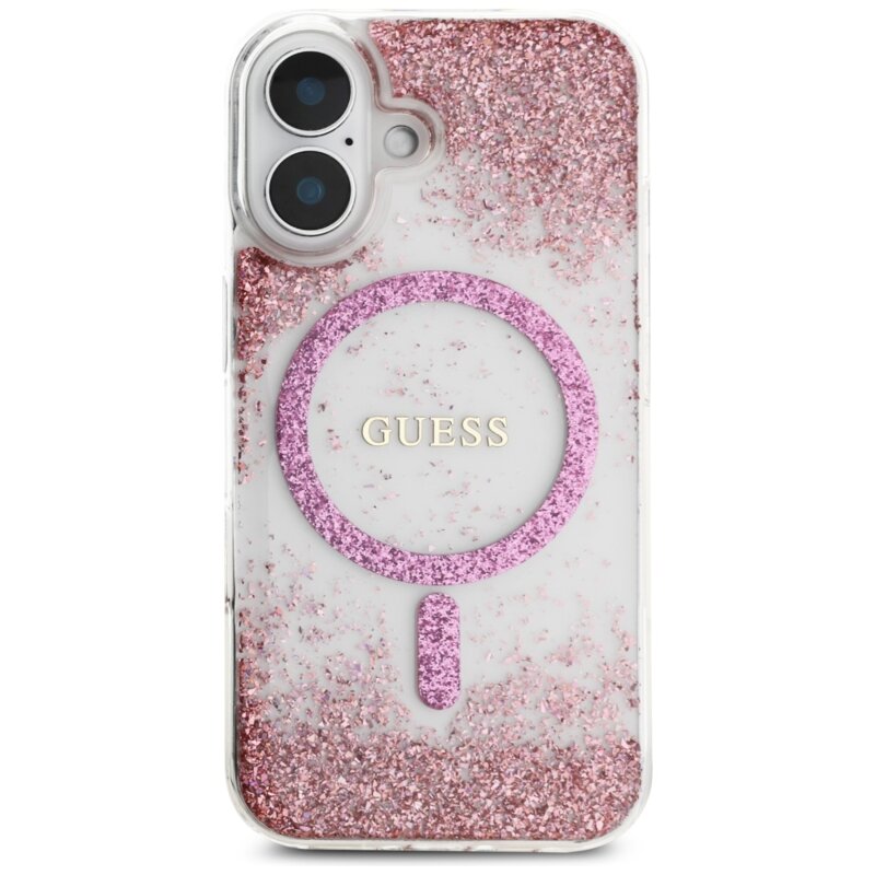 Husa originala Guess iPhone 16 Resin Bottom Glitter MagSafe, roz, GUHMP16SRGRGEP