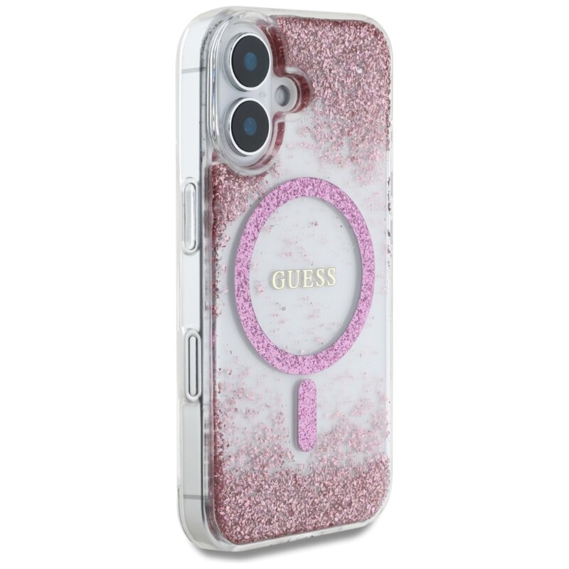 Husa originala Guess iPhone 16 Resin Bottom Glitter MagSafe, roz, GUHMP16SRGRGEP