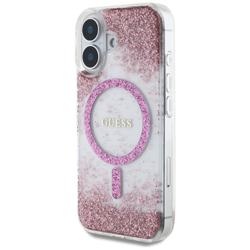 Husa originala Guess iPhone 16 Resin Bottom Glitter MagSafe, roz, GUHMP16SRGRGEP