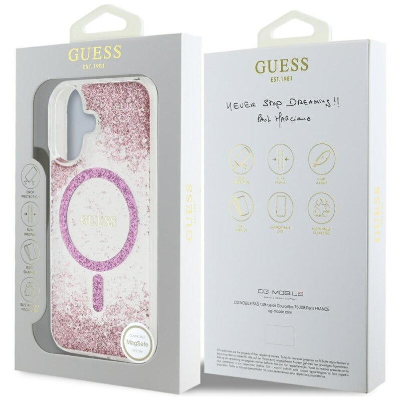 Husa originala Guess iPhone 16 Resin Bottom Glitter MagSafe, roz, GUHMP16SRGRGEP