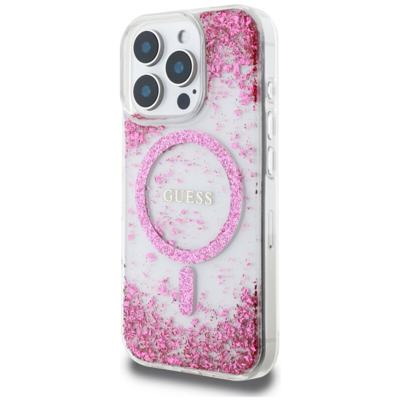 Husa originala Guess iPhone 16 Pro Resin Bottom Glitter MagSafe, roz, GUHMP16LRGRGEP