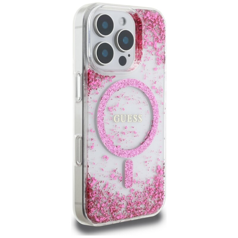 Husa originala Guess iPhone 16 Pro Resin Bottom Glitter MagSafe, roz, GUHMP16LRGRGEP