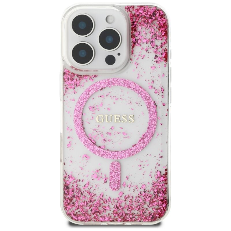 Husa originala Guess iPhone 16 Pro Resin Bottom Glitter MagSafe, roz, GUHMP16LRGRGEP