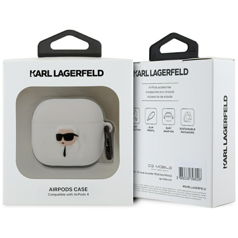 Husa Apple AirPods 4 Karl Lagerfeld Silicone NFT Karl Head 3D, alb, KLA4RUNIKH