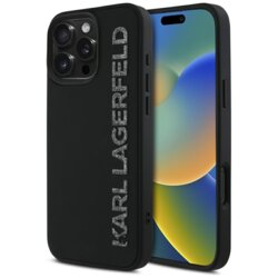 Husa originala iPhone 16 Pro Max Karl Lagerfeld 3D Design, Rubber Elongated Glitter Logo, KLHCP16XRBKGVCK