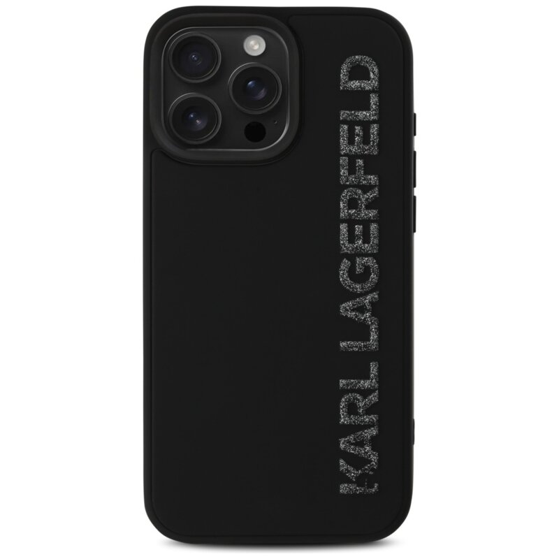 Husa originala iPhone 16 Pro Max Karl Lagerfeld 3D Design, Rubber Elongated Glitter Logo, KLHCP16XRBKGVCK