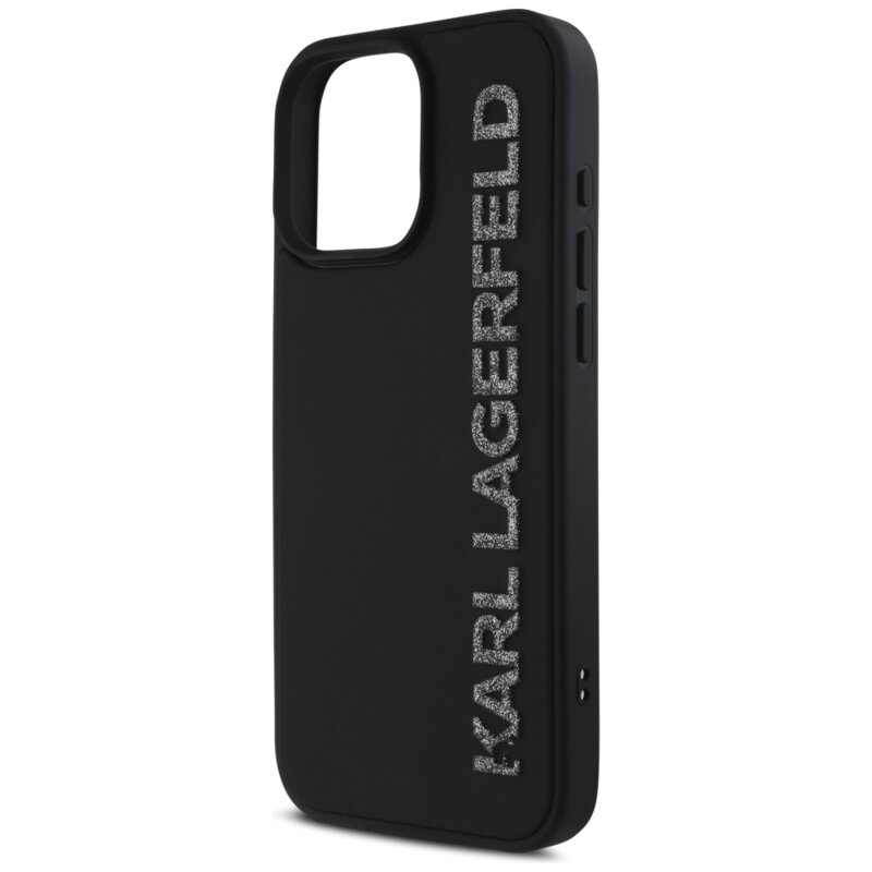 Husa originala iPhone 16 Pro Karl Lagerfeld 3D Design, Rubber Elongated Glitter Logo, KLHCP16LRBKGVCK