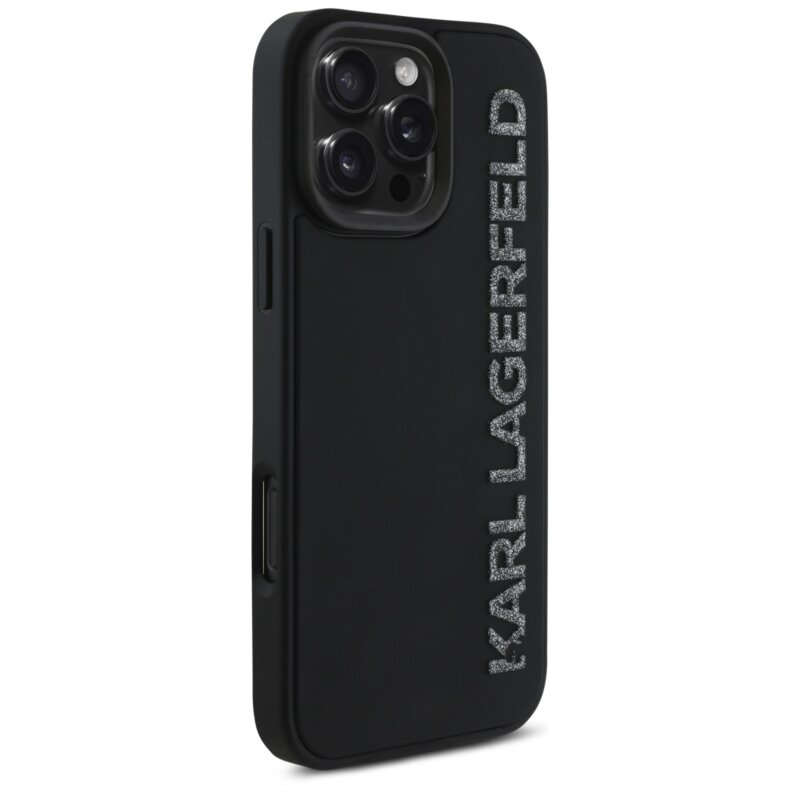 Husa originala iPhone 16 Pro Karl Lagerfeld 3D Design, Rubber Elongated Glitter Logo, KLHCP16LRBKGVCK