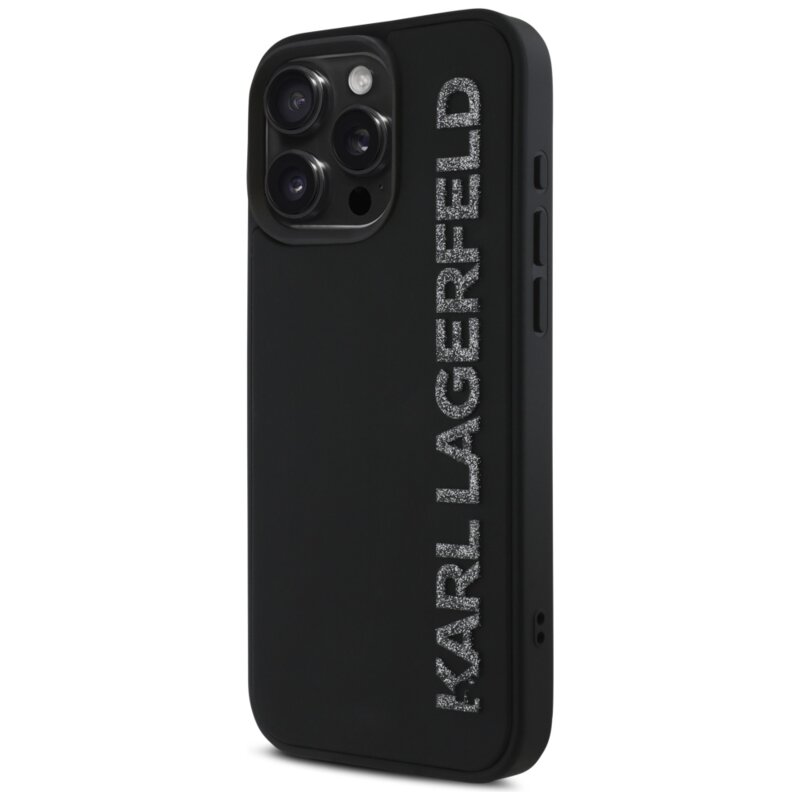 Husa originala iPhone 16 Pro Karl Lagerfeld 3D Design, Rubber Elongated Glitter Logo, KLHCP16LRBKGVCK