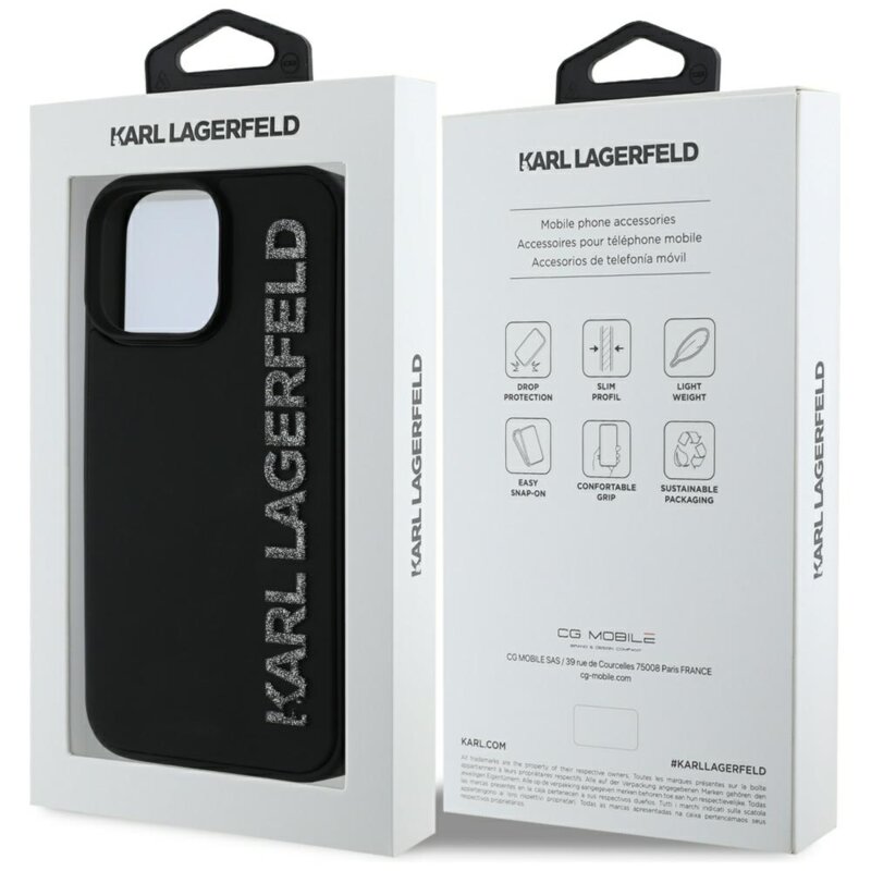 Husa originala iPhone 16 Pro Karl Lagerfeld 3D Design, Rubber Elongated Glitter Logo, KLHCP16LRBKGVCK