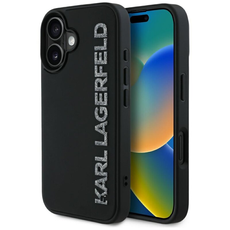Husa originala iPhone 16 Karl Lagerfeld 3D Design, Rubber Elongated Glitter Logo, KLHCP16SRBKGVCK