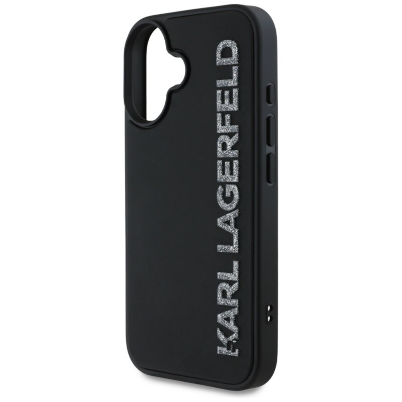 Husa originala iPhone 16 Karl Lagerfeld 3D Design, Rubber Elongated Glitter Logo, KLHCP16SRBKGVCK
