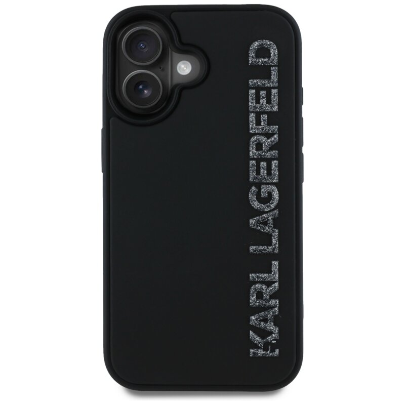 Husa originala iPhone 16 Karl Lagerfeld 3D Design, Rubber Elongated Glitter Logo, KLHCP16SRBKGVCK