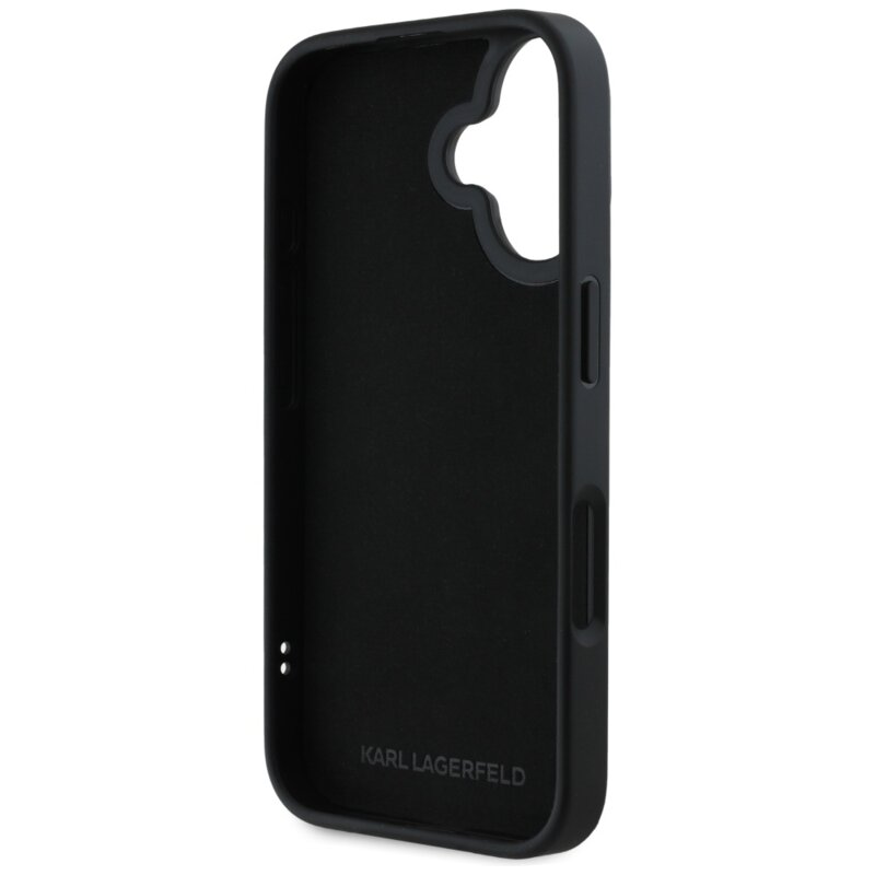 Husa originala iPhone 16 Karl Lagerfeld 3D Design, Rubber Elongated Glitter Logo, KLHCP16SRBKGVCK