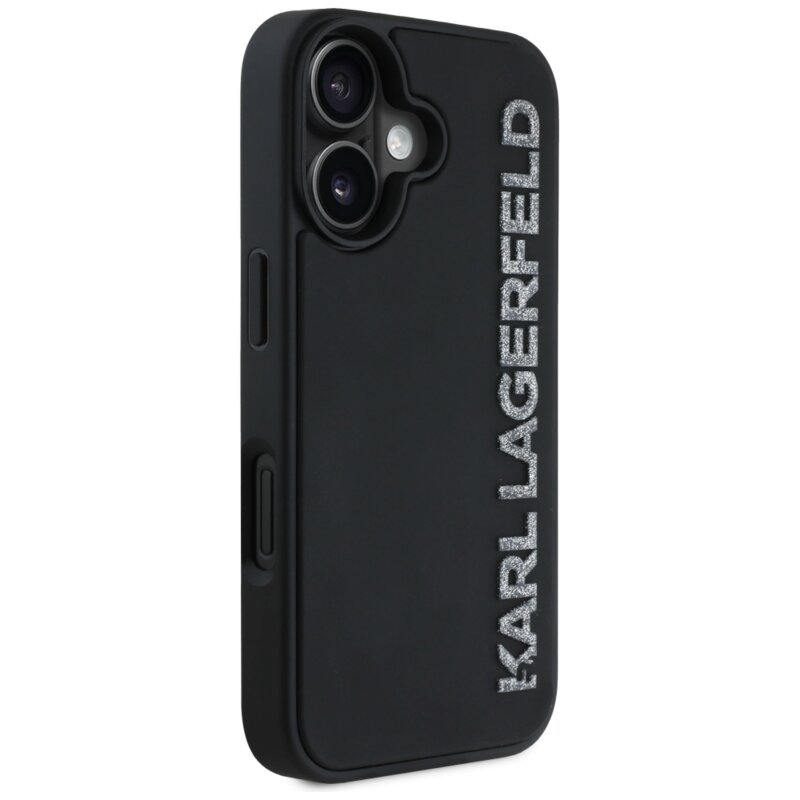 Husa originala iPhone 16 Karl Lagerfeld 3D Design, Rubber Elongated Glitter Logo, KLHCP16SRBKGVCK