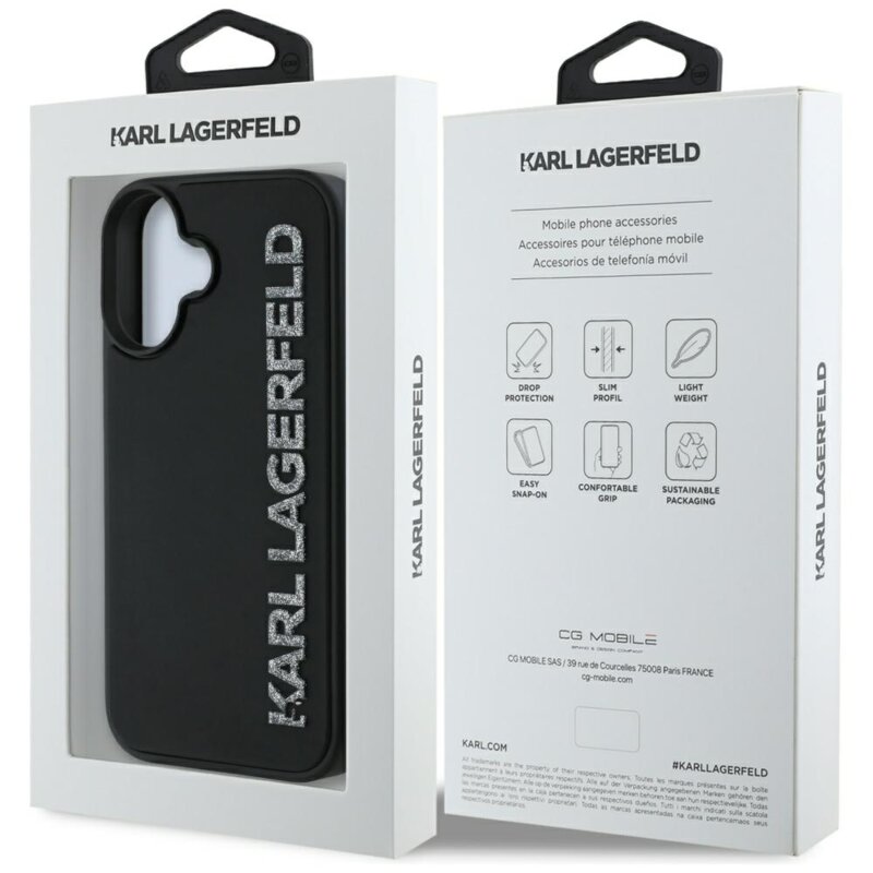 Husa originala iPhone 16 Karl Lagerfeld 3D Design, Rubber Elongated Glitter Logo, KLHCP16SRBKGVCK