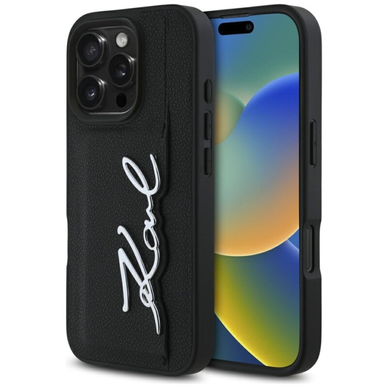 Husa iPhone 16 Pro Max Karl Lagerfeld Hardcase Leather Cardslot, Metal Signature, KLHCP16XPGPVKSK