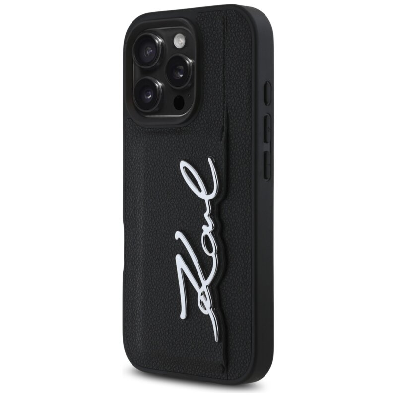 Husa iPhone 16 Pro Karl Lagerfeld Hardcase Leather Cardslot, Metal Signature, KLHCP16LPGPVKSK