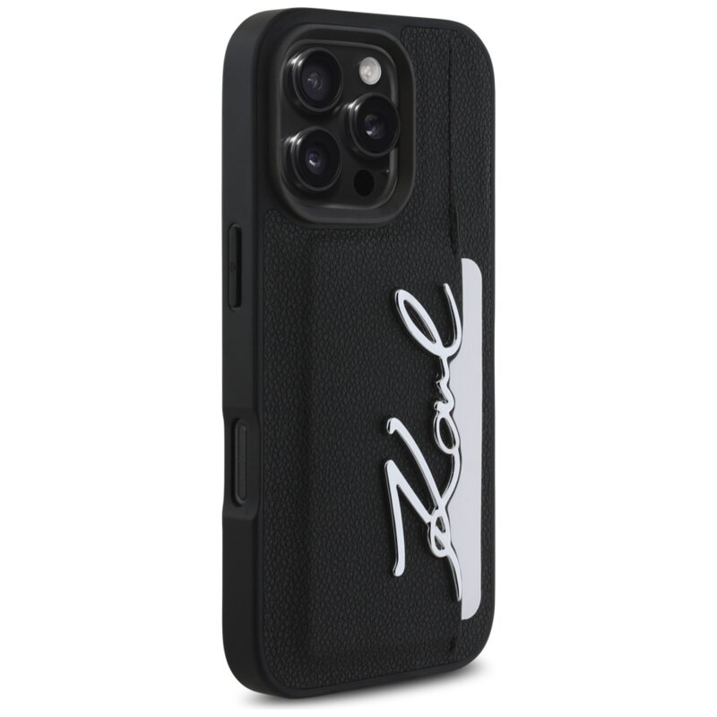 Husa iPhone 16 Pro Karl Lagerfeld Hardcase Leather Cardslot, Metal Signature, KLHCP16LPGPVKSK