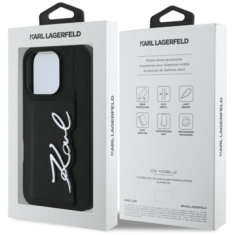 Husa iPhone 16 Pro Karl Lagerfeld Hardcase Leather Cardslot, Metal Signature, KLHCP16LPGPVKSK