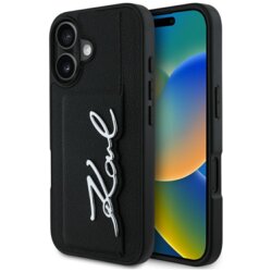 Husa iPhone 16 Karl Lagerfeld Hardcase Leather Cardslot, Metal Signature, KLHCP16SPGPVKSK