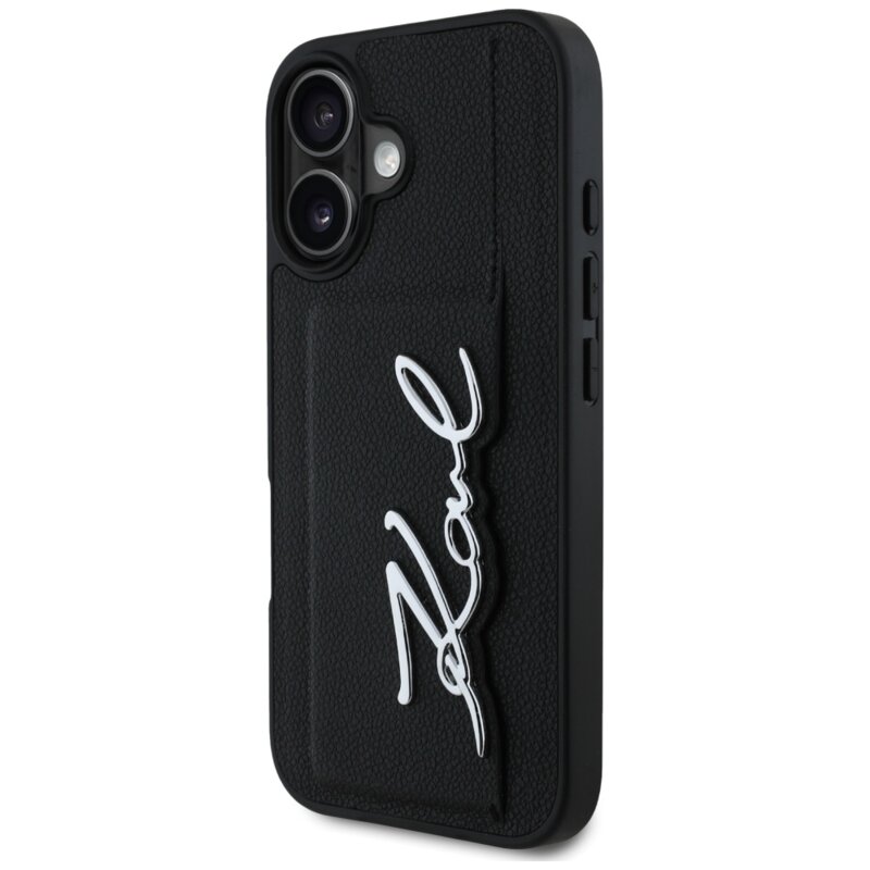 Husa iPhone 16 Karl Lagerfeld Hardcase Leather Cardslot, Metal Signature, KLHCP16SPGPVKSK